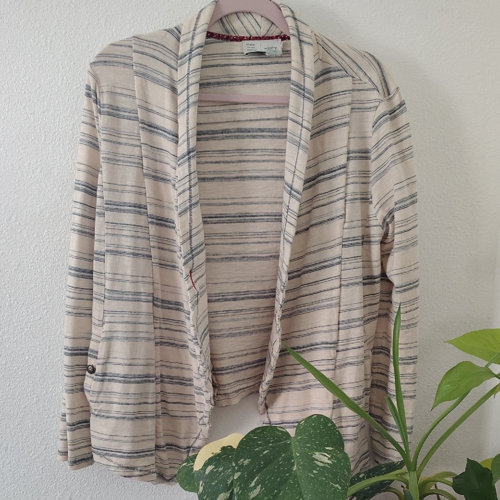 Anthropologie Lightweight Open-Front Striped Cardigan - Cream & Gray